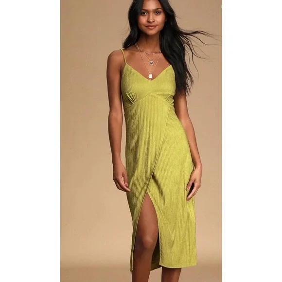 Lulu Chartreuse Green Faux Wrap Midi Dress Tie Back Size Medium D14100 - Picture 5 of 16